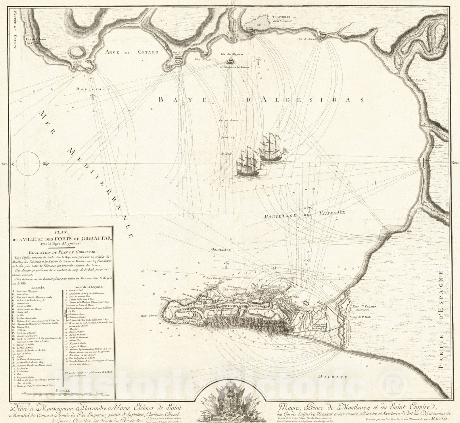 Historical Map, 1782 Plan de la Ville et des forts de Gibraltar, avec la Baye d'Algesiras, Vintage Wall Art