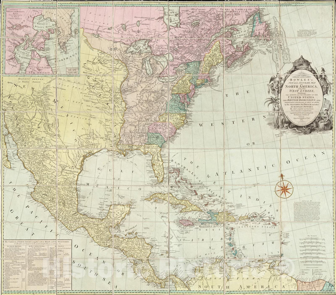 Historical Map, Bowles's New and Accurate map of North America and The West Indies : exhibiting The Extent and Boundaries of The United States, The British dominions, Vintage Wall Art