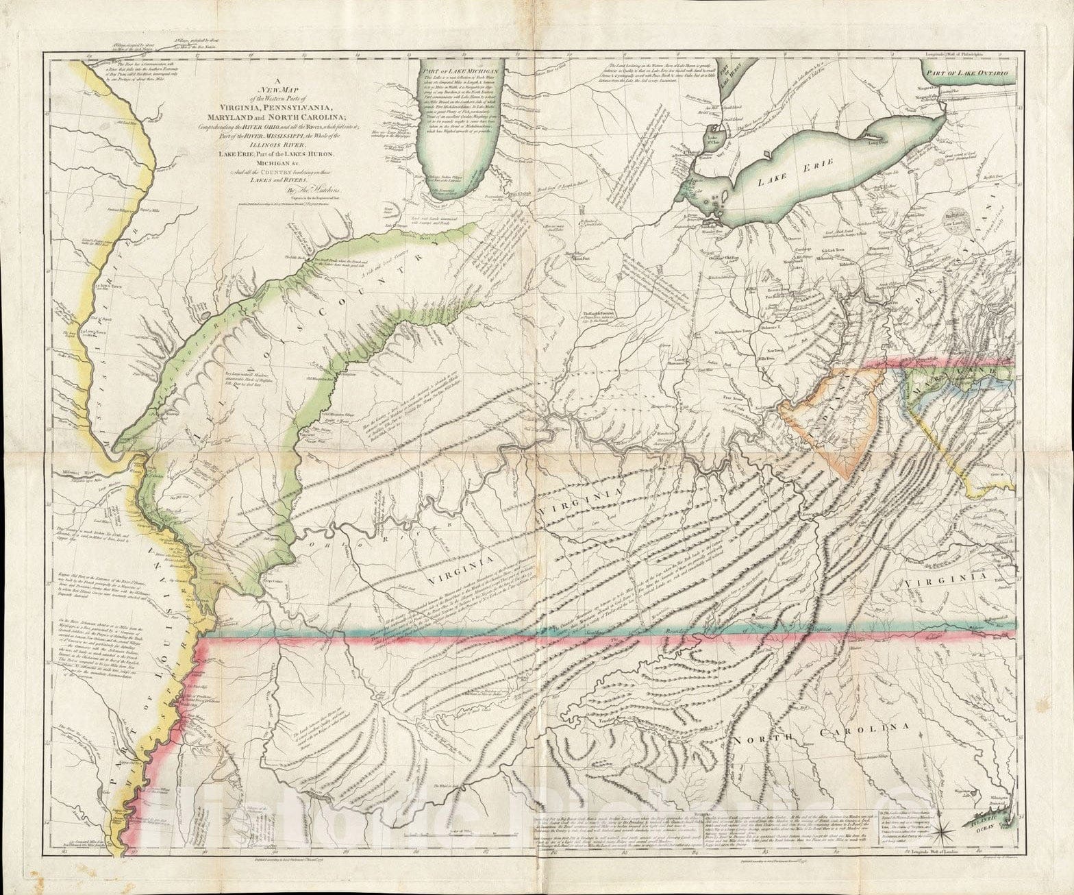 Historical Map, 1778 A New map of The Western Parts of Virginia, Pennsylvania, Maryland and North Carolina : comprehending The River Ohio, and All The Rivers, Vintage Wall Art