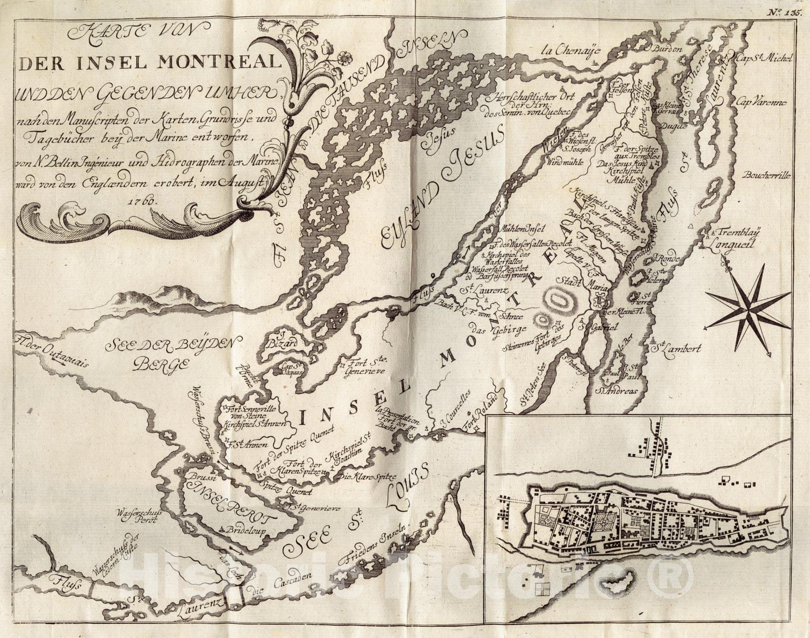 Historical Map, Karte von der Insel Montreal und den gegenden umher, nach den manuscripten der karten, grundrisse und tagebuIË†cher beyIË† der Marine entworfen, von N, Vintage Wall Art