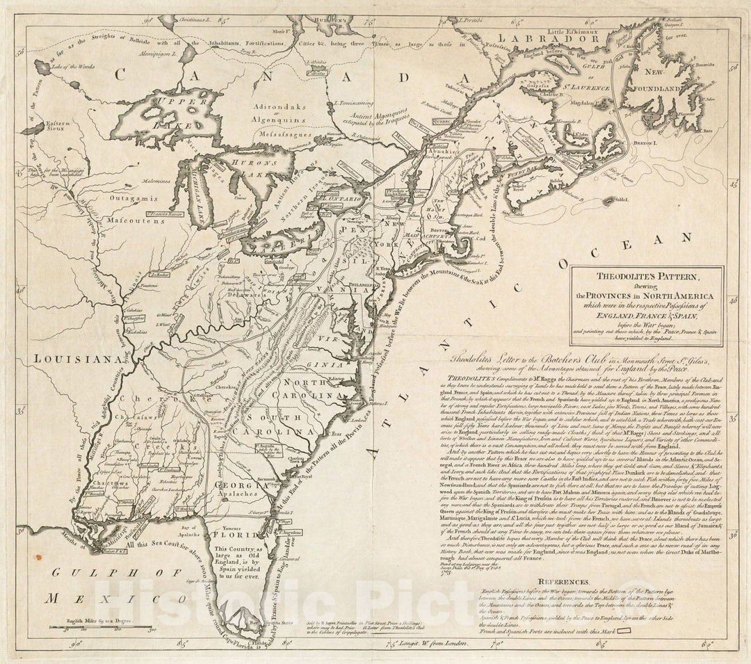 Historical Map, 1763 Theodolite's Pattern, shewing The Provinces in North America which were in The respective Possessions of England, France & Spain, Vintage Wall Art