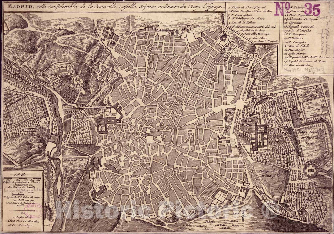 Historical Map, 1702 Madrid, Ville considerable de la Nouvelle Castille, sejour ordinaire des Roys d'Espagne, Vintage Wall Art