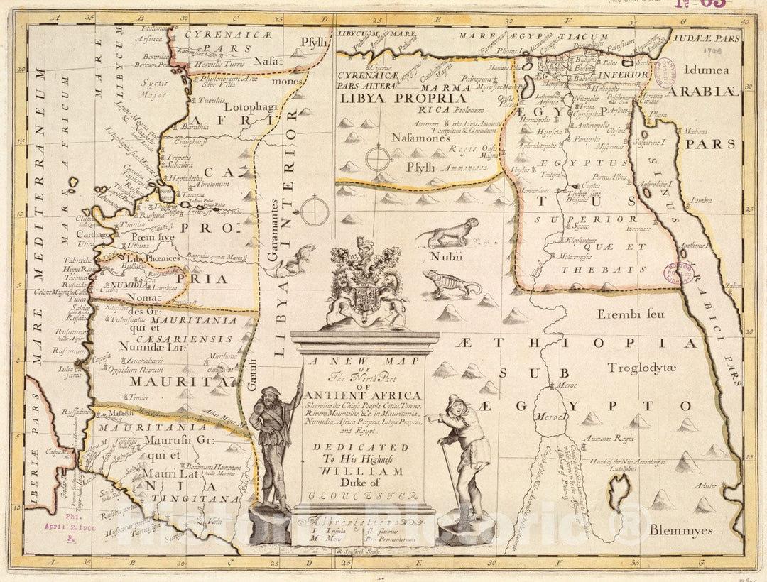 Historical Map, 1700 A New map of The North pof antient Africa shewing The chiefe People, Cities, Towns, Rivers, Mountains, et Cetera. in Mauritania, Numidia, Vintage Wall Art