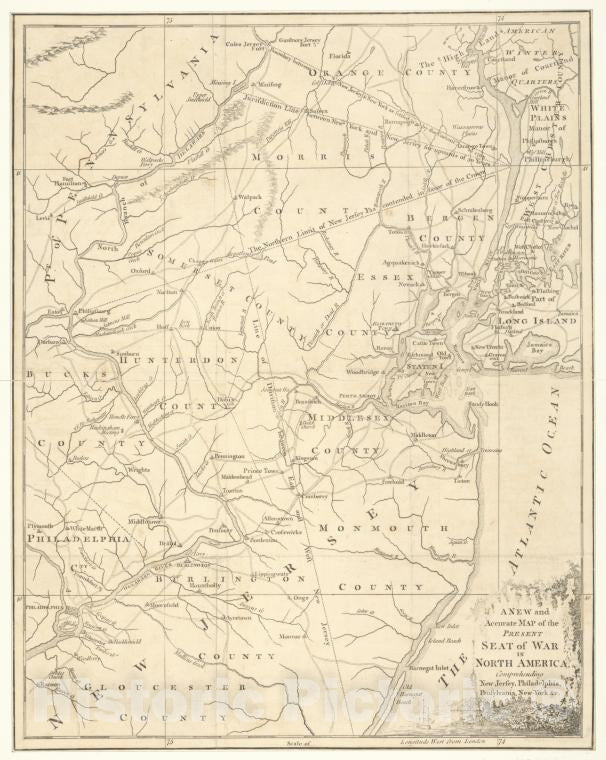 Historic Map - 1777 New Jersey (N.J.), A New And Accurate Of The Present Seat Of War In North America : With Philadelphia, Pensylvania, New York - Vintage Wall Art