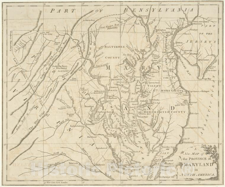 Historic 1780 Map - A New Map Of The Province Of Maryland In North America. - Maryland - Delawaremaps Of North America. - Maryland - Vintage Wall Art