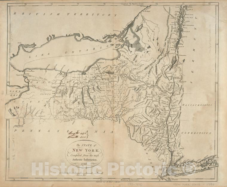 Historic 1796 Map - The State Of New York, Compiled From The Most Authentic Information, 1796. - New York (State) Maps Of New York City And State - Vintage Wall Art