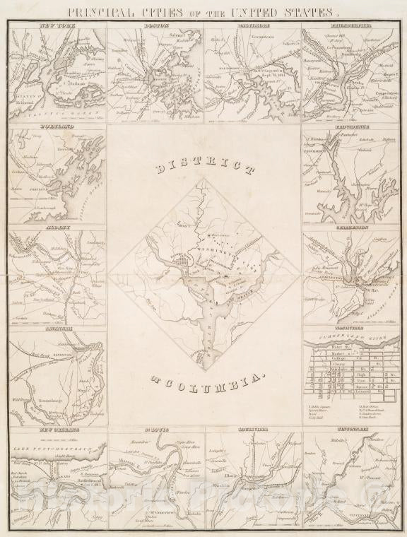 Historic 1850 Map - Principal Cities Of The United States. - Vintage Wall Art