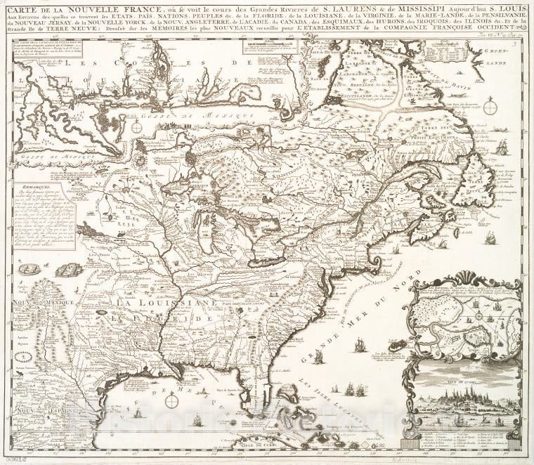 Historic Map - 1719 New France, Course Of Saint Laurence & Mississippi, Florida, Louisiana, Virginia, Maryland, Pennsylvania, New Jersey, New York, New Mexico V2 - Vintage Wall Art