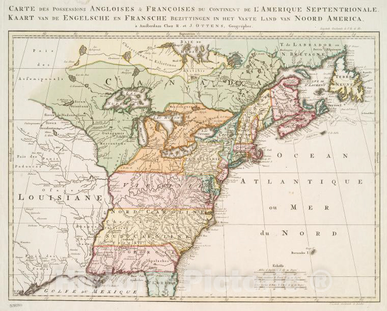 Historic 1755 Map - Carte Des Possessions Angloises & Franaoises Du Continent De L' - North America - Maps - Early Works To 1800Maps Of North America. - Vintage Wall Art