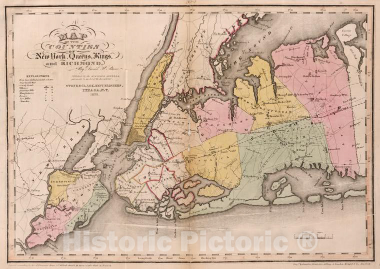 Historic Map - 1829 New York (N.Y.), Map Of The Counties Of New York, Queens, Kings, And Richmond. - Vintage Wall Art