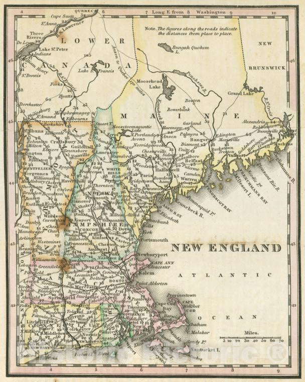 Historic 1828 Map - New England. - United States - Vintage Wall Art