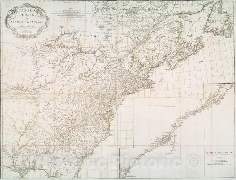 Historic 1755 Map - Canada, Louisiane Et Terres Angloises - Canada - Louisiana - North America - Saint Lawrence Rivermaps Of North America. - Vintage Wall Art