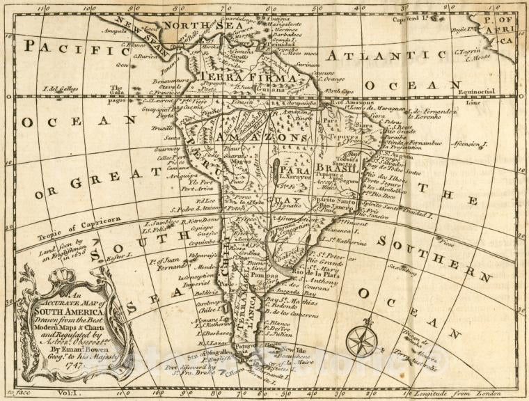 Historic 1757 Map - An Accurate Map Of South America : Drawn From The Best Modern Maps And Charts, And Regulated By Astron'L. Observatns. - America - Vintage Wall Art