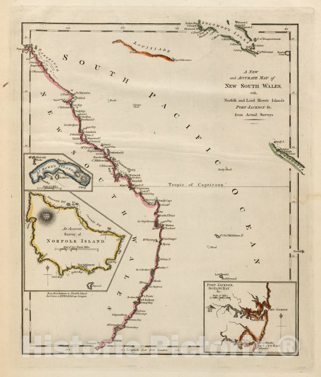 Historic 1814 Map - A New And Accurate Map Of New South Wales, With Norfolk And Lord Howes Islands, Port Jackson &C. From Actual Surveys. - Vintage Wall Art