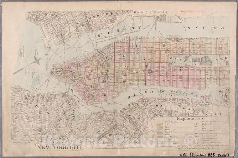 Historic Map - 1885 New York (N.Y.), Outline & Index Map Of New York City. Index I. - Vintage Wall Art