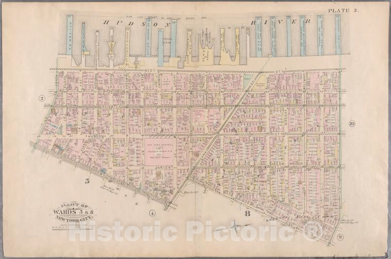 Historic Map - 1885 New York (N.Y.), [Plate 3: Bounded By West St (Hudson River, Piers 21-39), W. Houston St, Sullivan St, Canal St, W. Broadway And Reade St.] - Vintage Wall Art