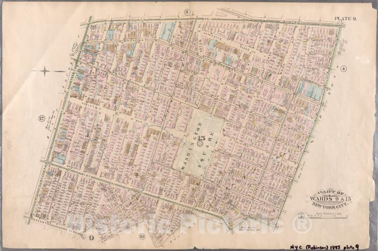 Historic Map - 1885 New York (N.Y.) Plate 9: Fourth, Bowery, E. Houston, W. Houston, Hancock, Bleecker, Sixth, W. Fourth, Grove, Wrly Place, Perry, Greenwich - Vintage Wall Art