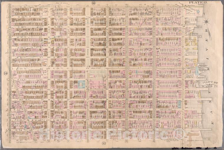 Historic Map - 1885 New York (N.Y.), [Plate 13: Bounded By W. 40Th St, E. 40Th St, First Ave (Harlem River, Lumber Yards), E. 27Th St, W. 27Th St And Sixth Ave.] - Vintage Wall Art