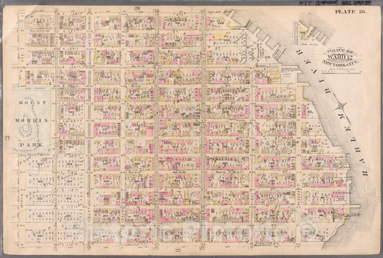 Historic Map - 1885 New York (N.Y.), [Plate 26: Bounded By E. 128Th St, Harlem River, Pleasant, E. 115Th St, Fifth, E. 120Th St, Madison, E. 124Th St And Fifth.] - Vintage Wall Art