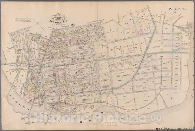 Historic Map - 1885 New York (N.Y.), [Plate 33: E. 144Th St, Rider, E. 142Nd St, Third, E. 144Th St, East River, Harlem Kills, Harlem River, E. 138Th St And Mott.] - Vintage Wall Art