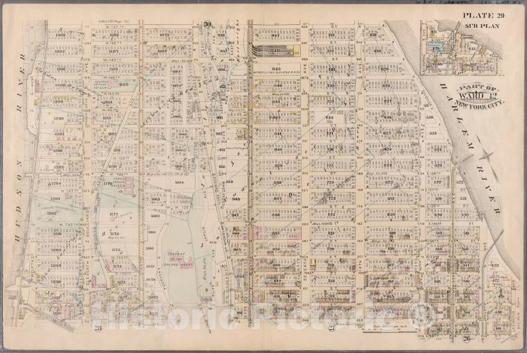 Historic Map - 1885 New York (N.Y.), [Plate 29: W. 147Th St, Exterior St (Harlem River), Lexington, E. 128Th St, Fifth, W. 129Th St And (Hudson River) Twelfth.] - Vintage Wall Art