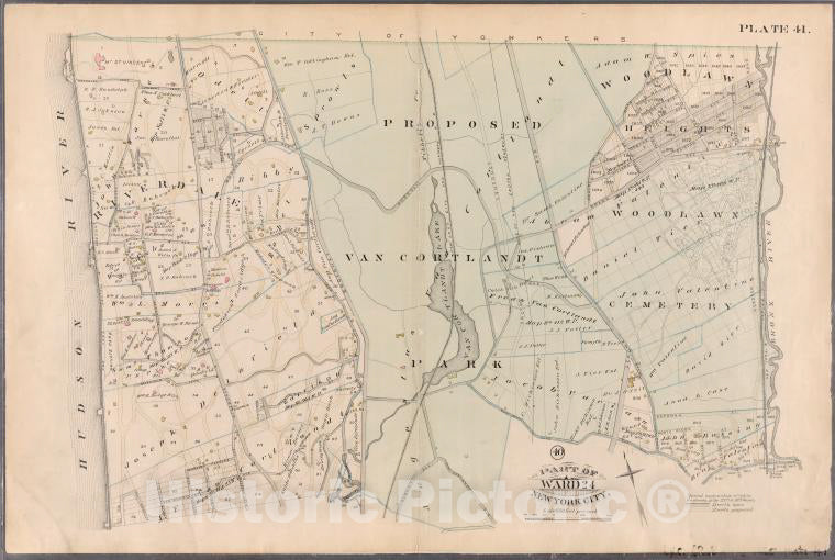 Historic Map - 1885 New York (N.Y.) [Plate 41: City Of Yonkers, Bronx River, Gun Hill Road, Broadway, Old Post Road, Van Cortlandt Ave, And Hudson River.] - Vintage Wall Art