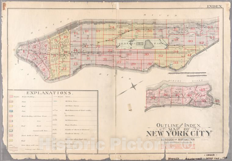 Historic 1911 Map - Index: Borough Of Manhattan. Scale 1800 Feet To The Inch. Legend - Vintage Wall Art