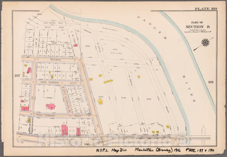 Historic 1916 Map - Plate 189: [Bounded By Cold Spring Road, Indian Road (Harlem Riv - Vintage Wall Art