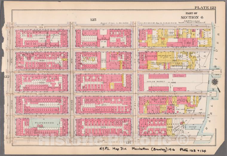 Historic 1916 Map - Plate 123: [Bounded By E. 105Th Street, (Harlem River Piers) Har - Vintage Wall Art