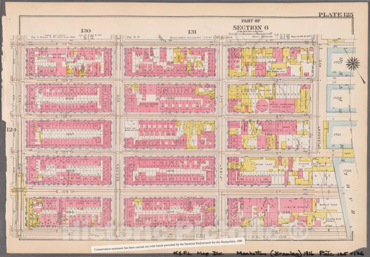 Historic 1916 Map - Plate 125: [Bounded By E. 110Th Street, Pleasant Avenue (Harlem - Vintage Wall Art