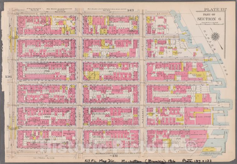 Historic 1916 Map - Plate 137: [Bounded By E. 122Nd Street, (Harlem River) Pleasant - Vintage Wall Art