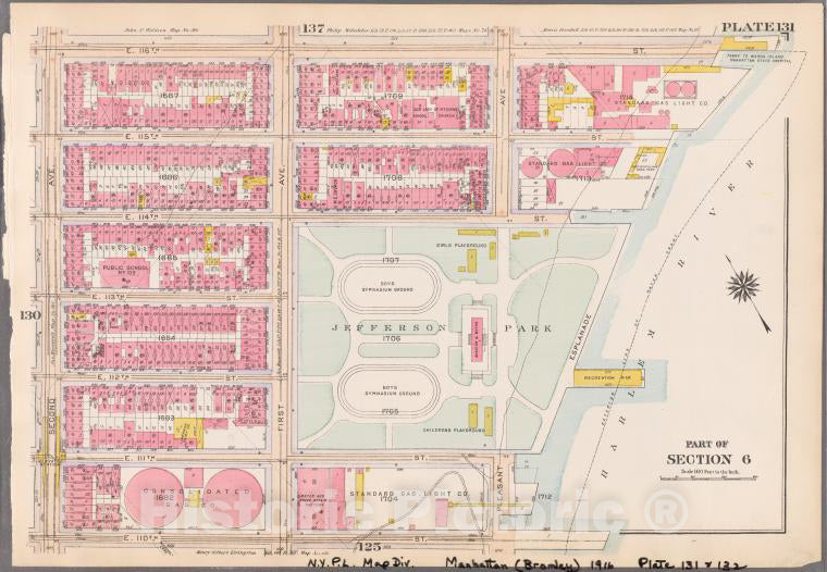 Historic 1916 Map - Plate 131: [Bounded By E. 116Th Street, Harlem River, E. 110Th S - Vintage Wall Art