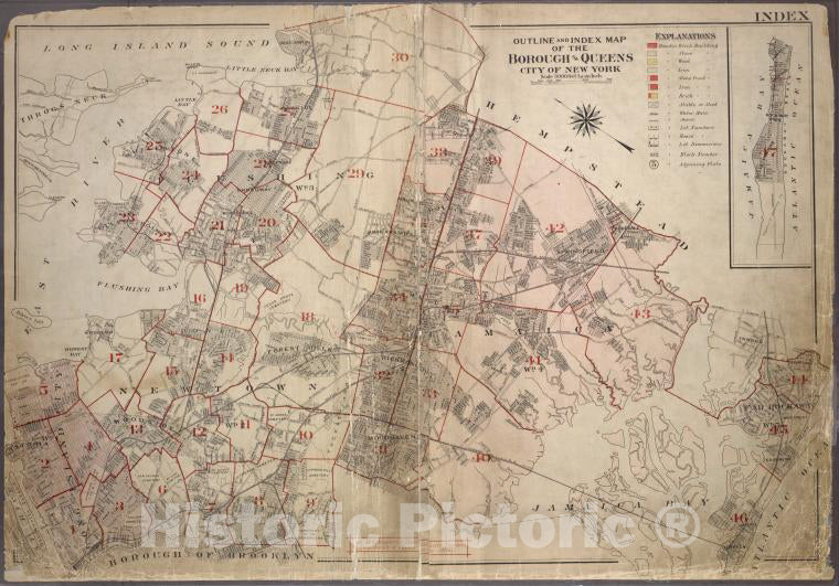 Historic 1909 Map - Outline And Index Map Of The Borough Of Queens, City Of New York - Vintage Wall Art