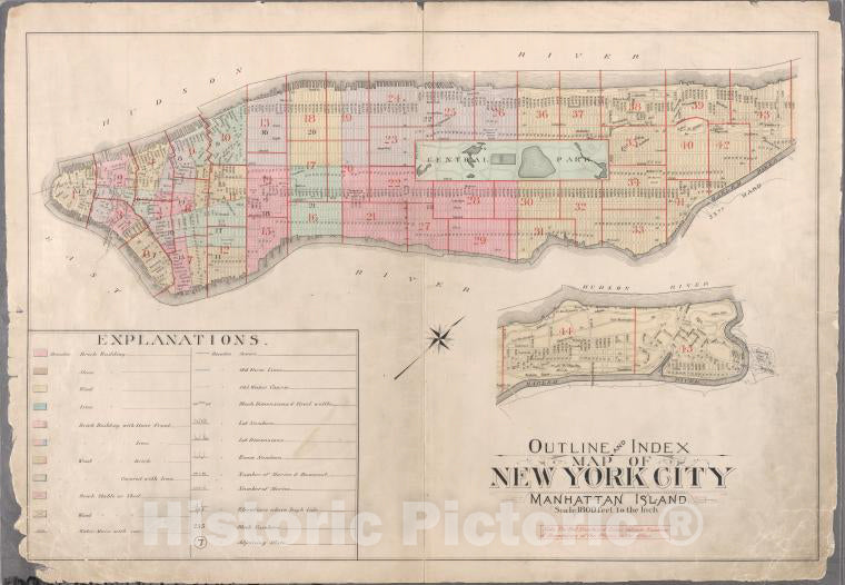 Historic 1897 Map - Outline And Index Map Of Atlas Of New York City : Manhattan Isla - Vintage Wall Art