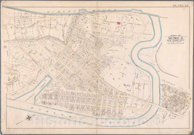 Historic 1897 Map - [Plate 45: Bounded By Boulevard Lafayette (Hudson River), Harlem - Vintage Wall Art