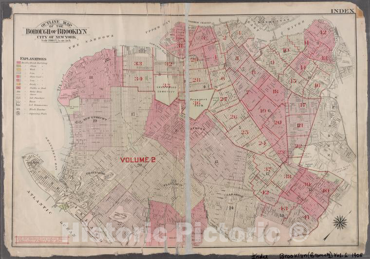 Historic 1908 Map - Outline Map Of The Borough Of Brooklyn, City Of New York. - Brooklyn (New York, N.Y.) - Vintage Wall Art