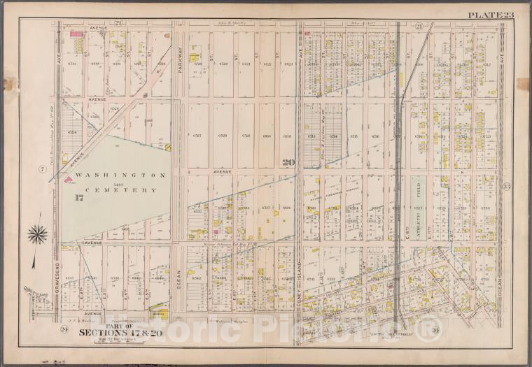 Historic 1907 Map - Plate 23:[Bounded By Avenue I, Ocean Avenue, Cedar Avenue, Bay - Brooklyn (New York, N.Y.) - Vintage Wall Art