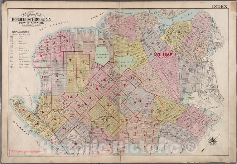 Historic 1907 Map - Outline Map Of The Borough Of Brooklyn, City Of New York. - Brooklyn (New York, N.Y.) - Vintage Wall Art