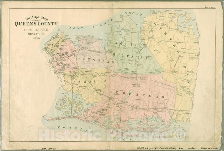 Historic Map - 1891 Queens County, New York (N.Y.), Plate 1: Outline Map Of Queens County, Long Island, New York, 1891. - Vintage Wall Art