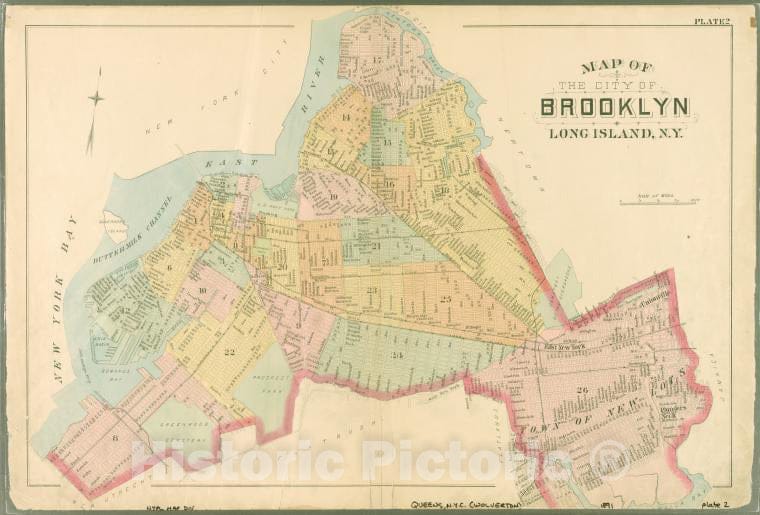 Historic Map - 1891 Queens County, New York (N.Y.), Plate 2: Map Of The City Of Brooklyn, Long Island, N.Y. - Vintage Wall Art