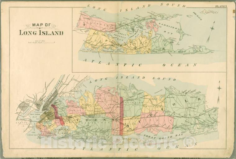 Historic 1891 Map - Plate 3: Map Of Long Island. - Queens County (N.Y.)- Atlas Of Queens Co, Long Island, New York [1891] - Vintage Wall Art