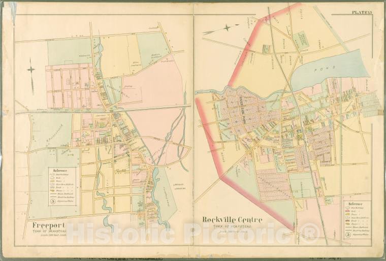 Historic Map - 1891 Queens County, New York (N.Y.), Plate 15: Freeport, Town Of Hempstead - Rockville Centre, Town Of Hempstead. - Vintage Wall Art