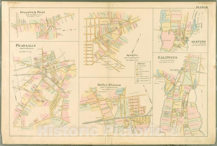 Historic Map - 1891 Queens County, New York (N.Y.), Plate 16: Greenwich Point, Town Of Hempstead, Hewetts, Town Of Hempstead, Seaford, Town Of Hempstead, Pearsalls - Vintage Wall Art