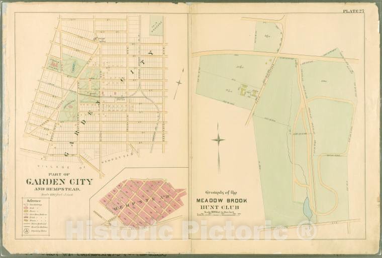 Historic Map - 1891 Queens County, New York (N.Y.), Plate 27: Village Of Part Of Garden City And Hempstead. - Grounds Of The Meadow Brook Hunt Club. - Vintage Wall Art