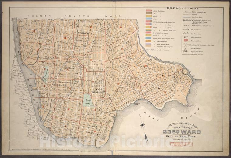 Historic Map - 1887 Manhattan (New York, N.Y.), Outline And Index Map Of The 23Rd Ward, City Of New York. - Vintage Wall Art