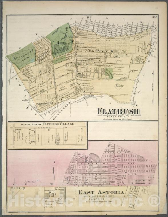 Historic 1873 Map - Flatbush, Kings Co. L.I. - East Astoria, Part Of Long Island Cit - Vintage Wall Art