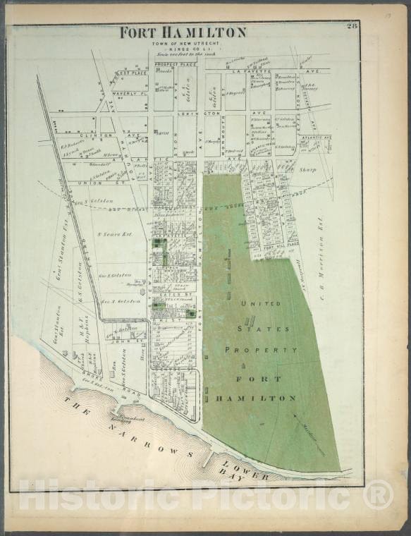 Historic Map - 1873 Long Island, New York, (N.Y.), Fort Hamilton. Town Of New Utrecht, Kings Co. L.I. - Vintage Wall Art