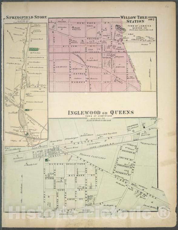 Historic 1873 Map - Springfield Store. Tn. Of Jamaica, Queens Co. - Willow Tree Stat - Vintage Wall Art