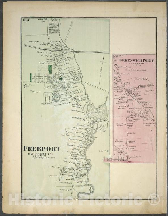 Historic 1873 Map - Freeport, Town Of Hempstead, Queens Co. - Greenwich Point, Town - Vintage Wall Art