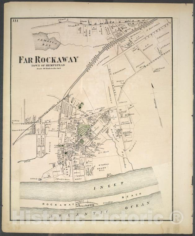 Historic Map - 1873 Long Island, New York, (N.Y.), Far Rockaway, Town Of Hempstead. - Vintage Wall Art